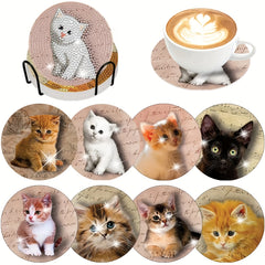 8pcs 3D Cats Diamond Painting Coasters Kits with Holder DIY Cat Diamond Art