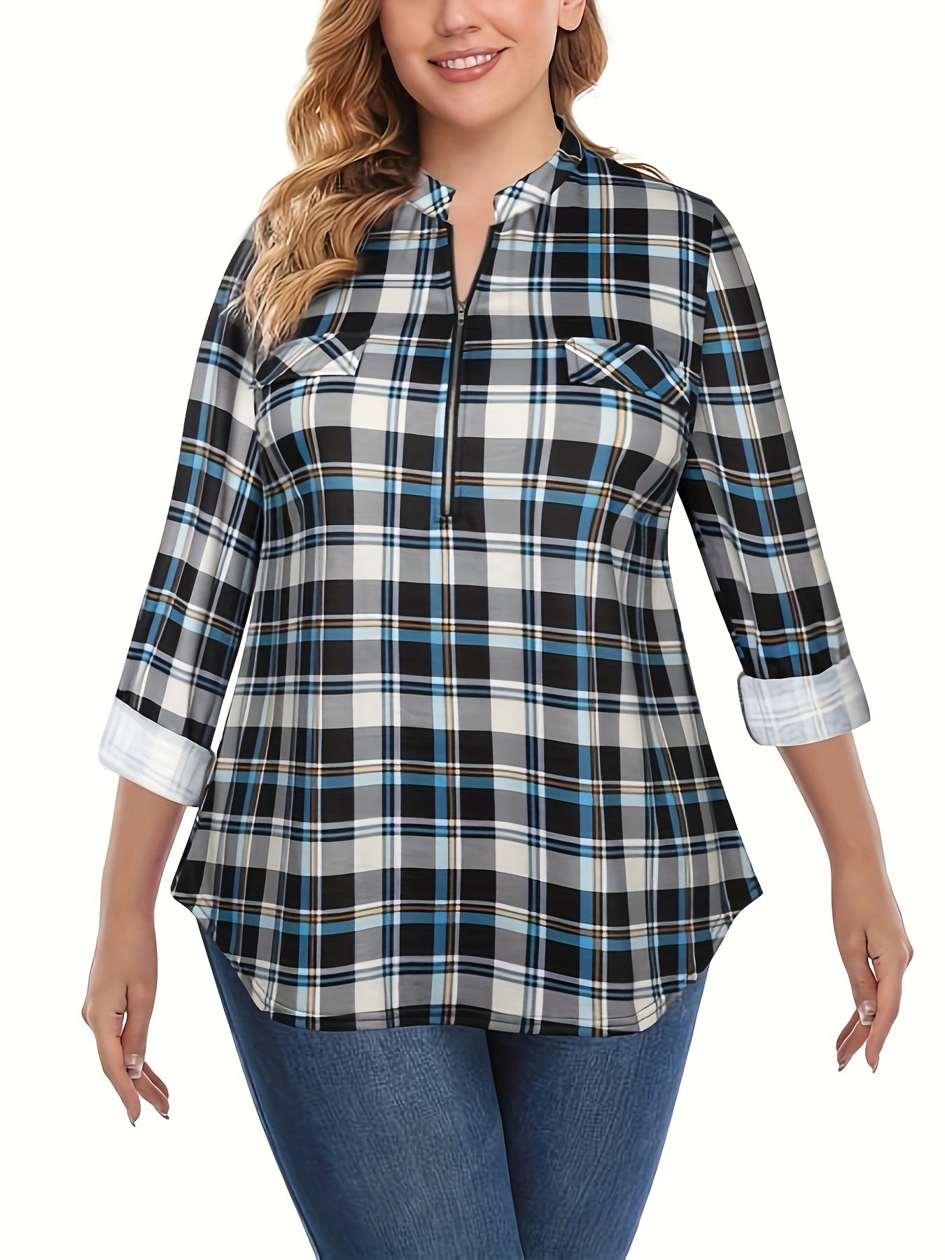  Plaid Print Long Sleeve Zip Up Notched Neck Top