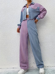  Colorblock Corduroy Shacket & Wide Leg Pants Set