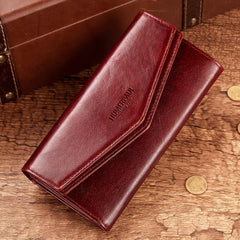 Women's Envelope Clutch Wallet Top Grain Leather Buckle Closure
