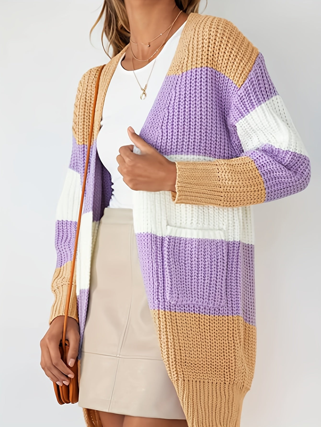  Colorblock Stripe Print Long Sleeve Cardigan