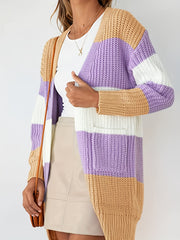  Colorblock Stripe Print Long Sleeve Cardigan