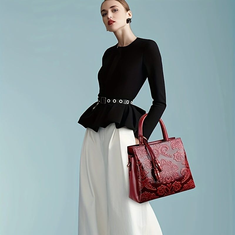 Large Red Tote Bag Adjustable Strap Zipper Closure