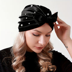Velvet Bow Turban Hat Rhinestone Elastic Head Wrap