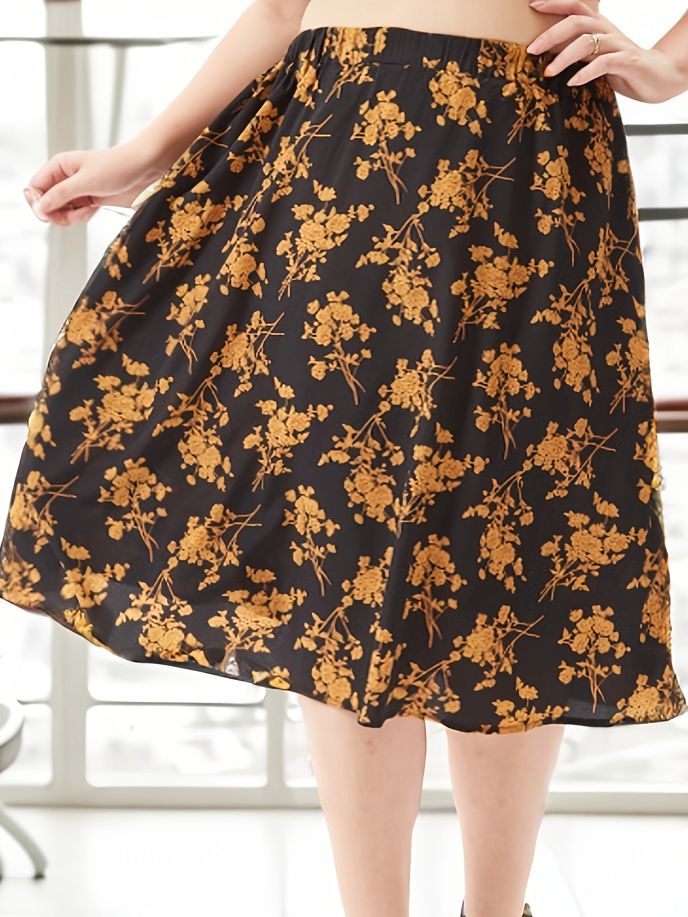  Floral Print Elastic High Rise Midi Skirt