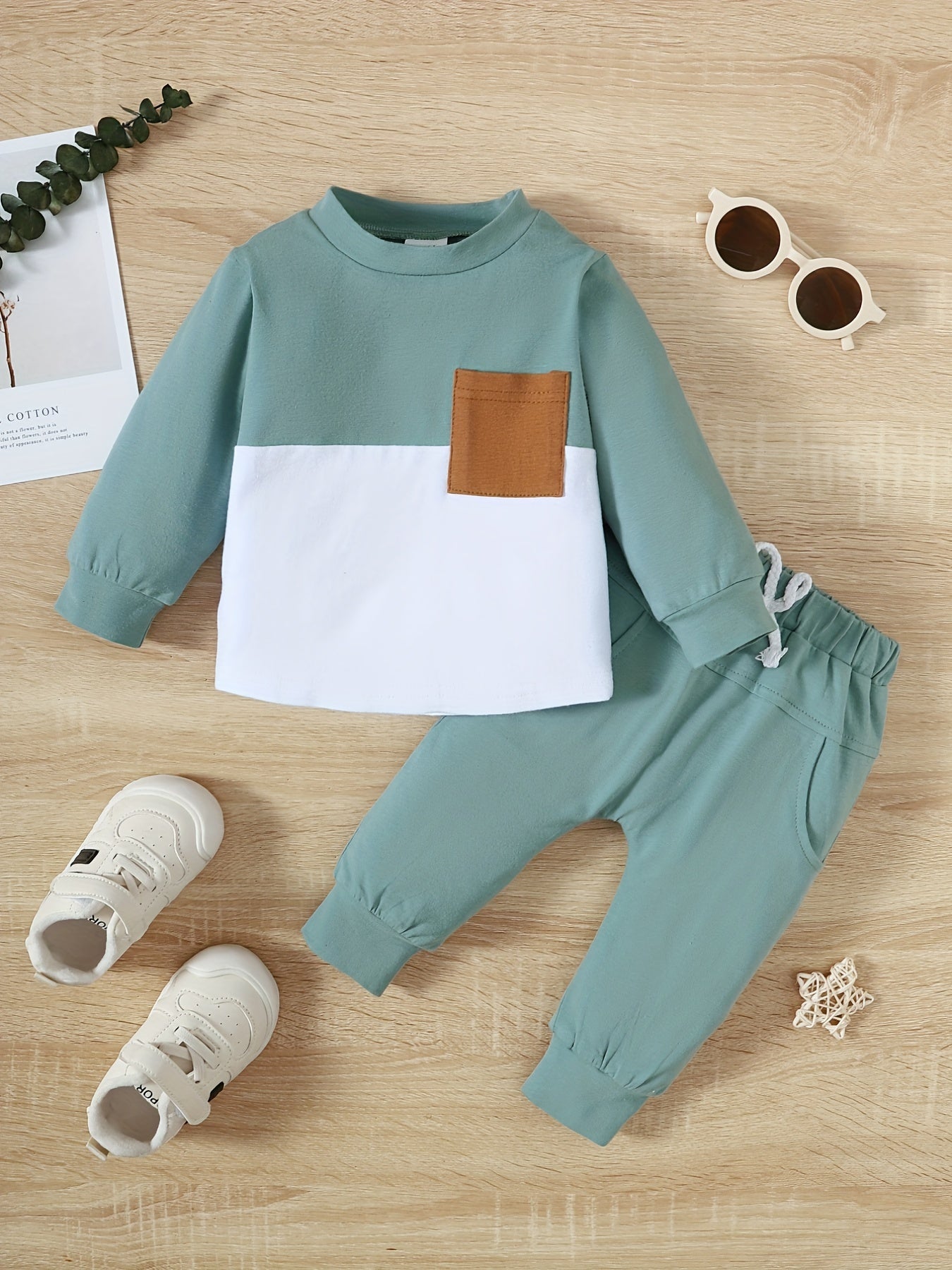 Baby Boys Stitching Pocket Front Long Sleeve Top Solid Shorts Set