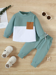 Baby Boys Stitching Pocket Front Long Sleeve Top Solid Shorts Set