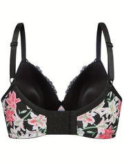  Sexy Bra Women's Plus Floral Print Lace Trim Underwire Molded Cup Bra