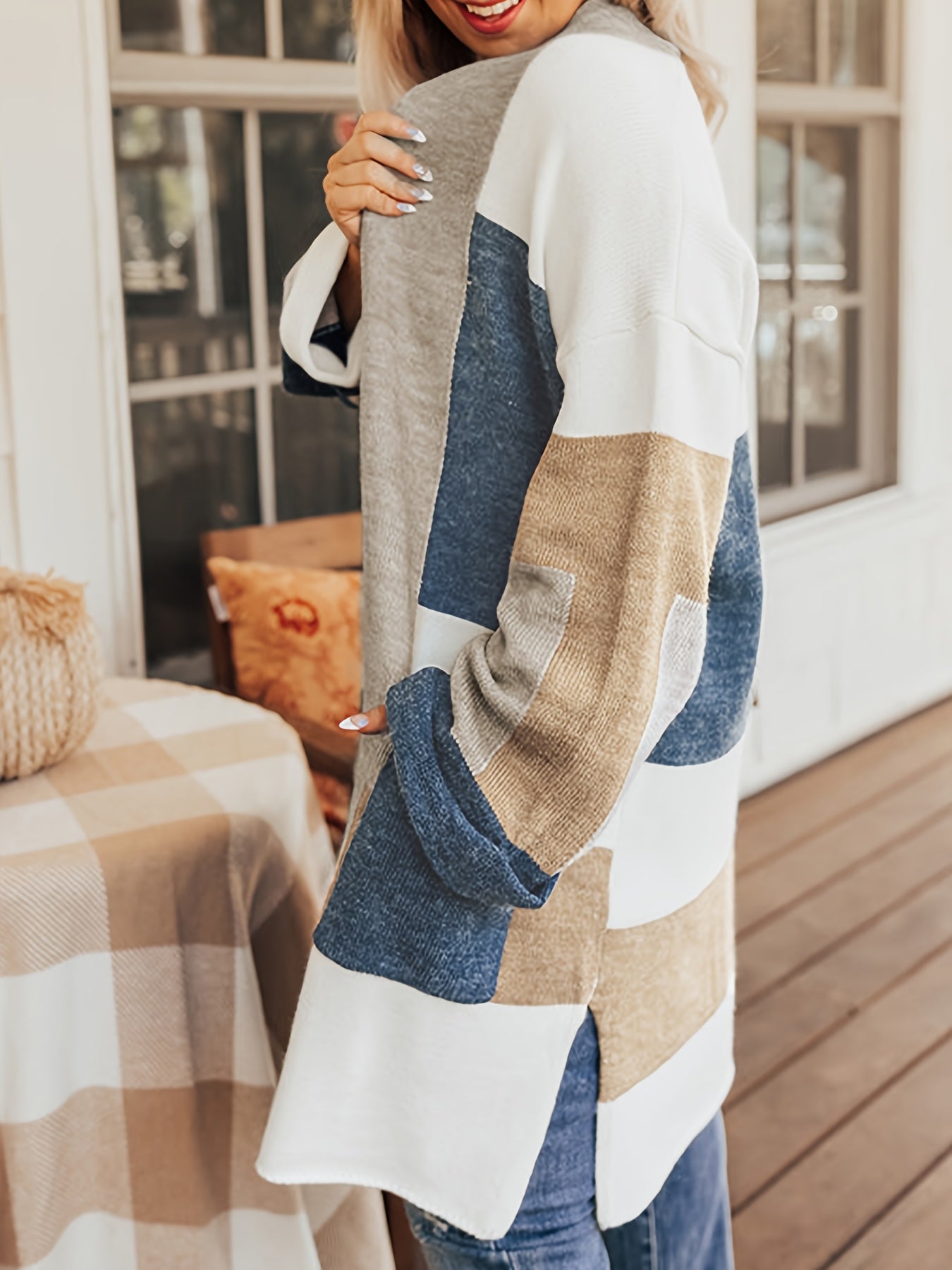  Colorblock Long Sleeve Cardigan With Pockets