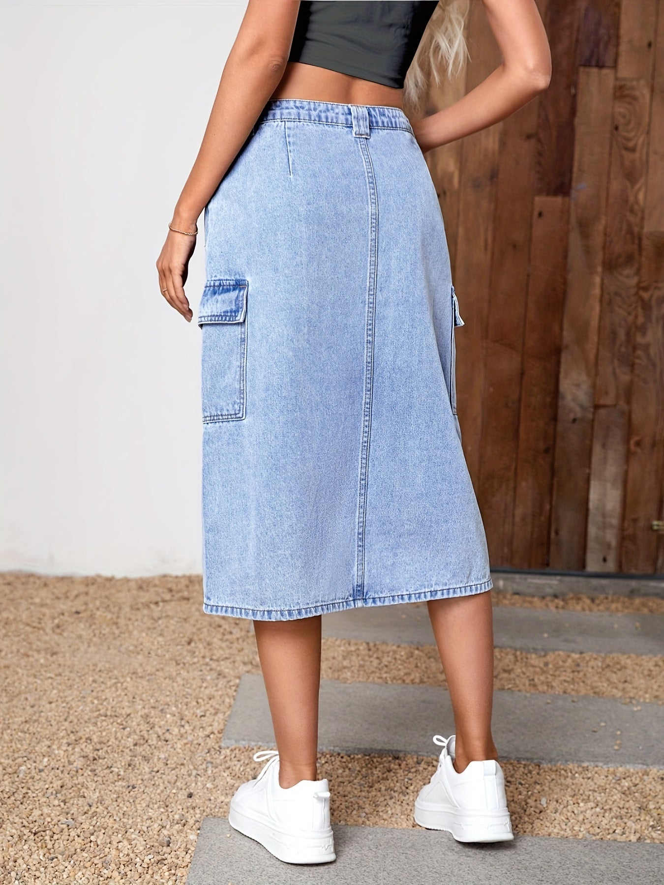 Cargo Denim Skirt with Split Flap Pocket