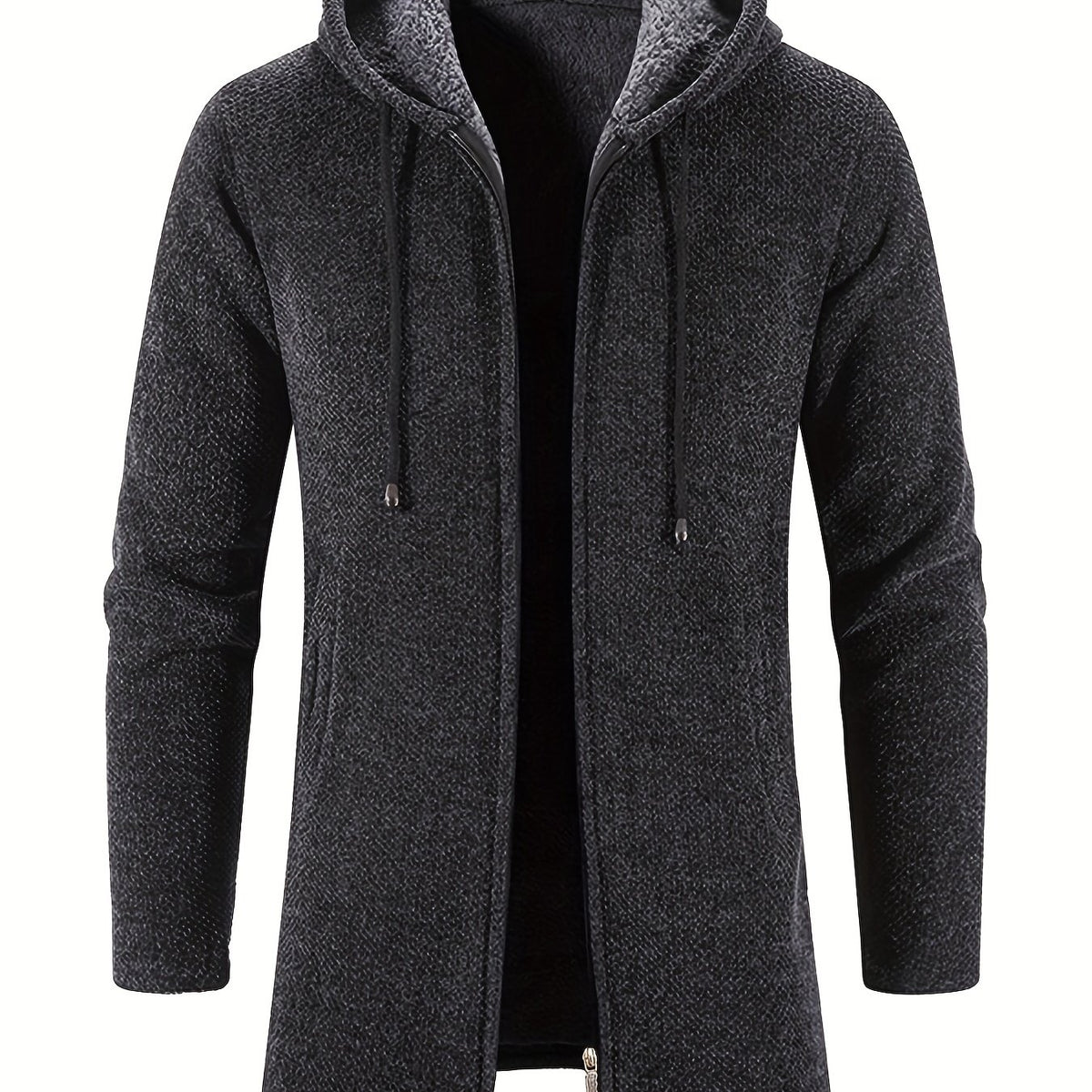 Plush Mid-length Jacket Men's Zip Up Hooded Jacket For Fall Winter