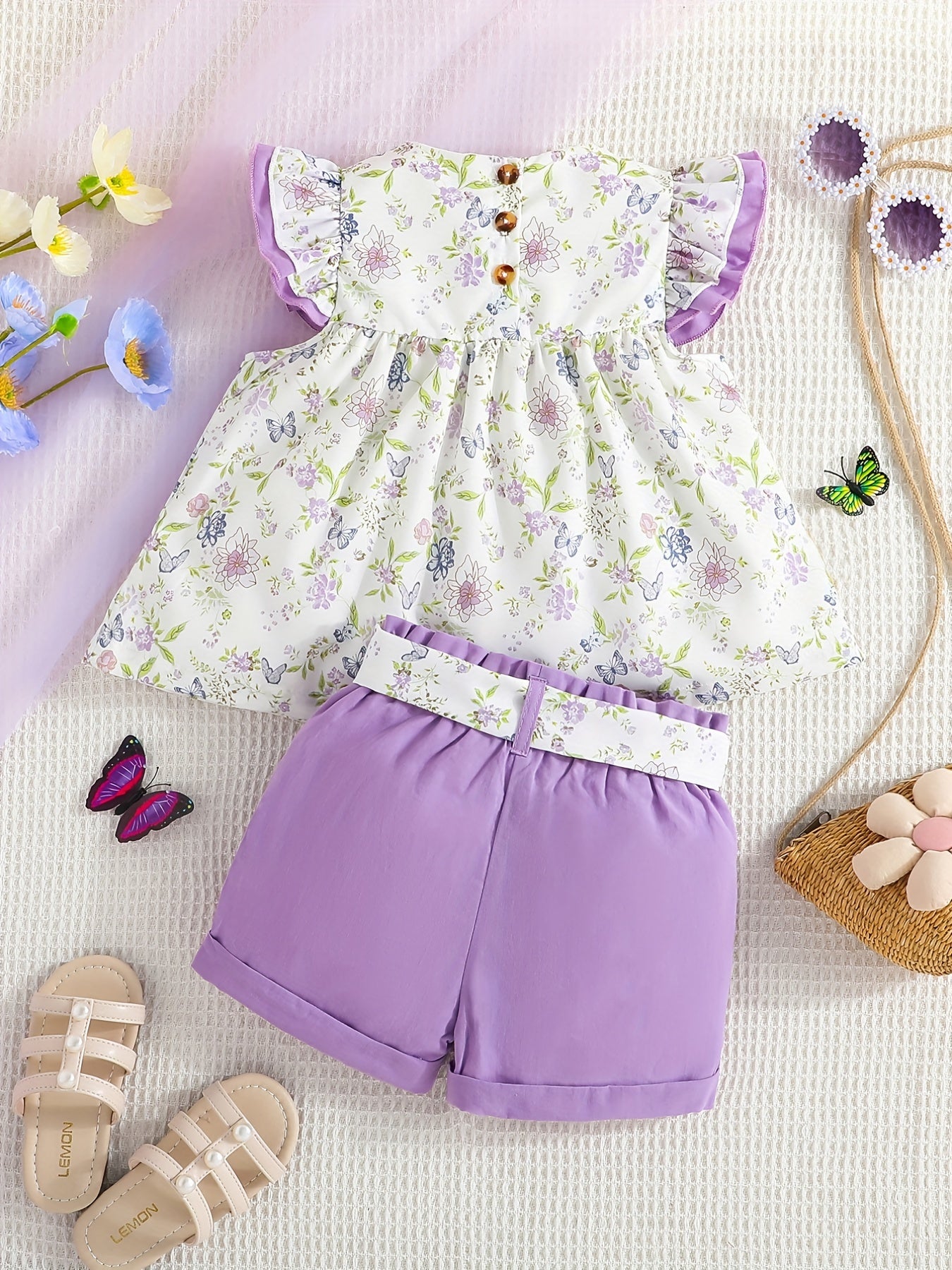 Girls Ruffled Sleeves Floral Blouse Top & Shorts Set