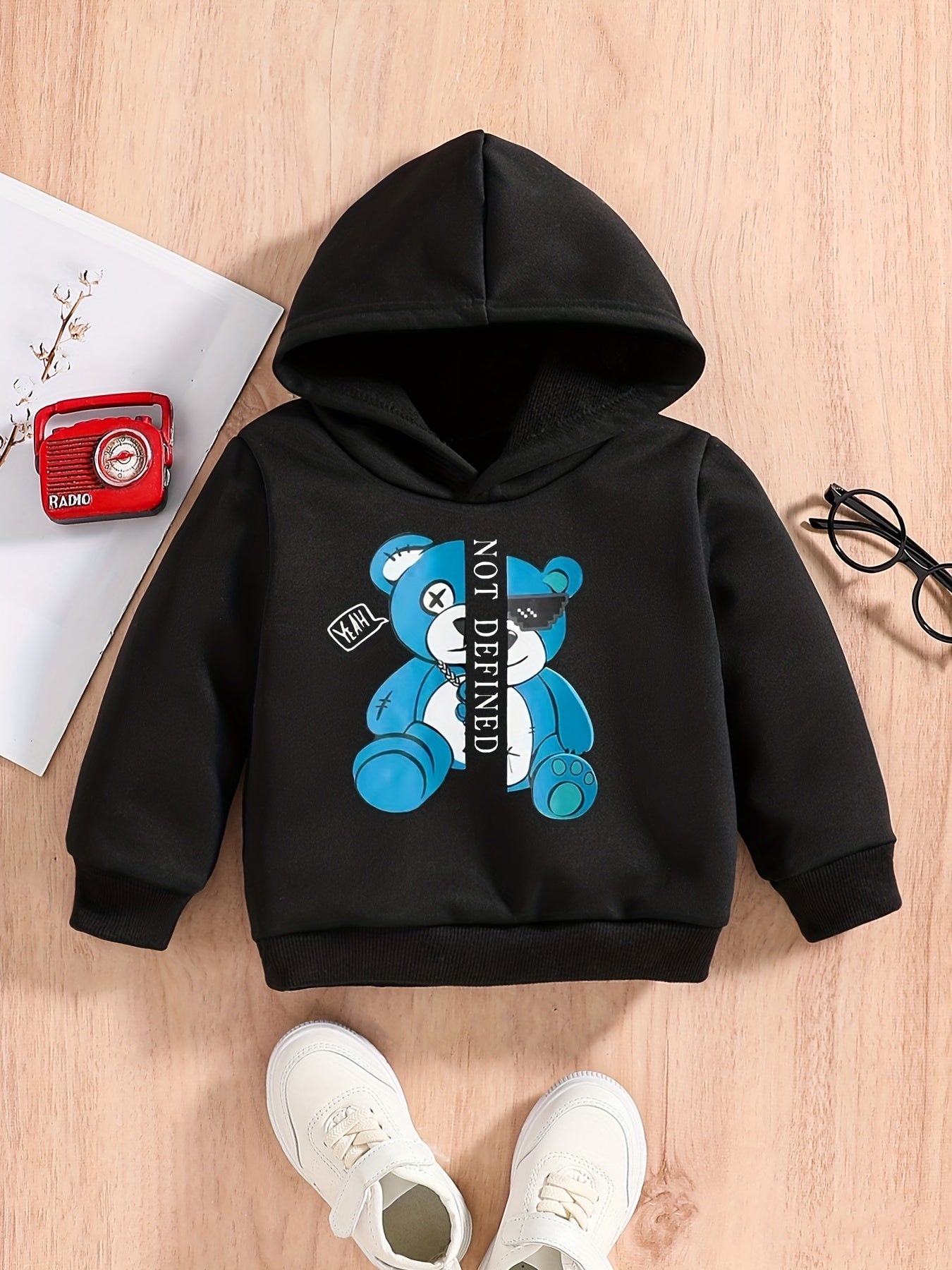 Letter And Bear Print Baby's Casual Pullover Hooded Sweatshirt