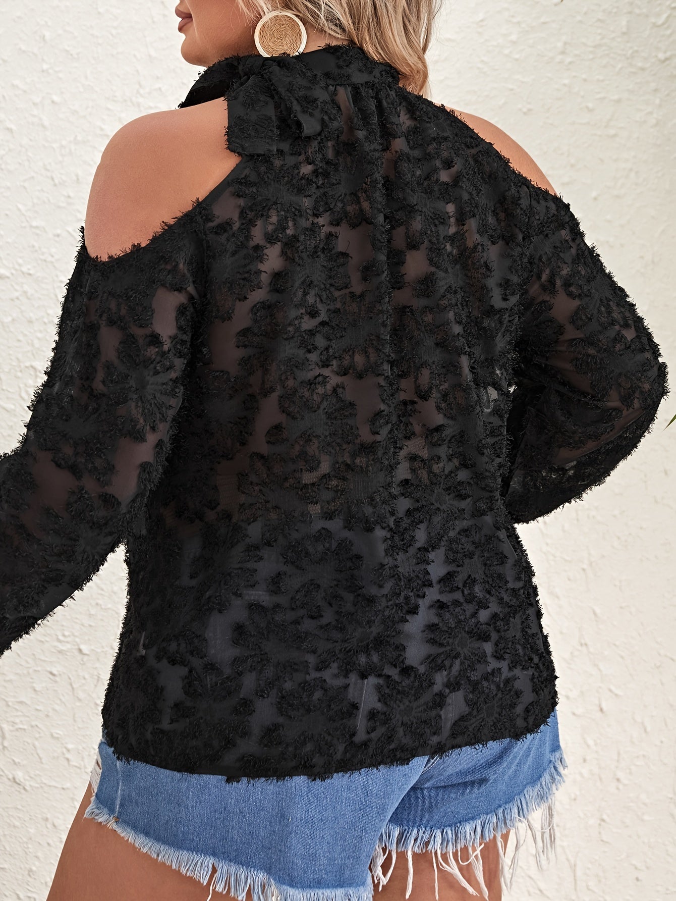  Lace Embroidered Cold Shoulder Blouse
