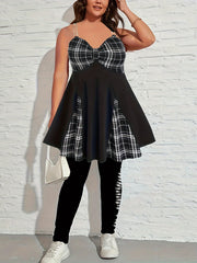 Colorblock Plaid Print Ruched Front Criss Cross Back Cami Dress