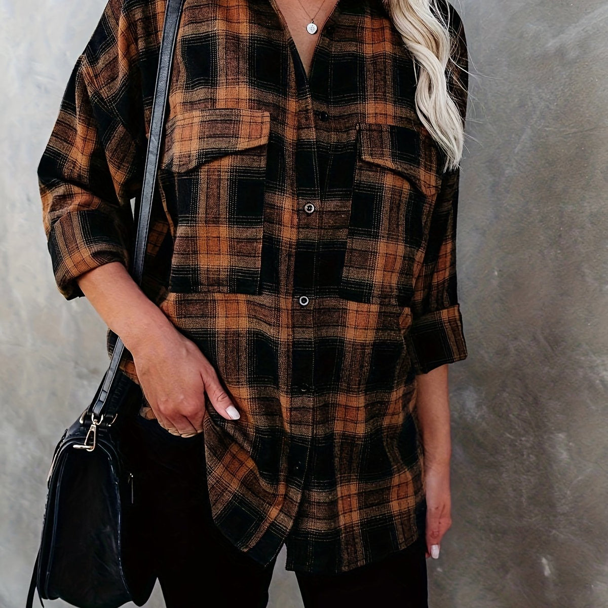  Plaid Print Long Sleeve Button Up Tunic Shirt Top