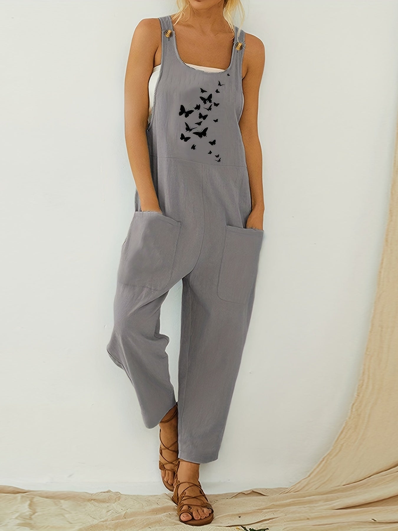 Pocket Solid Tank Jumpsuit Loose Casual Women's Clothing