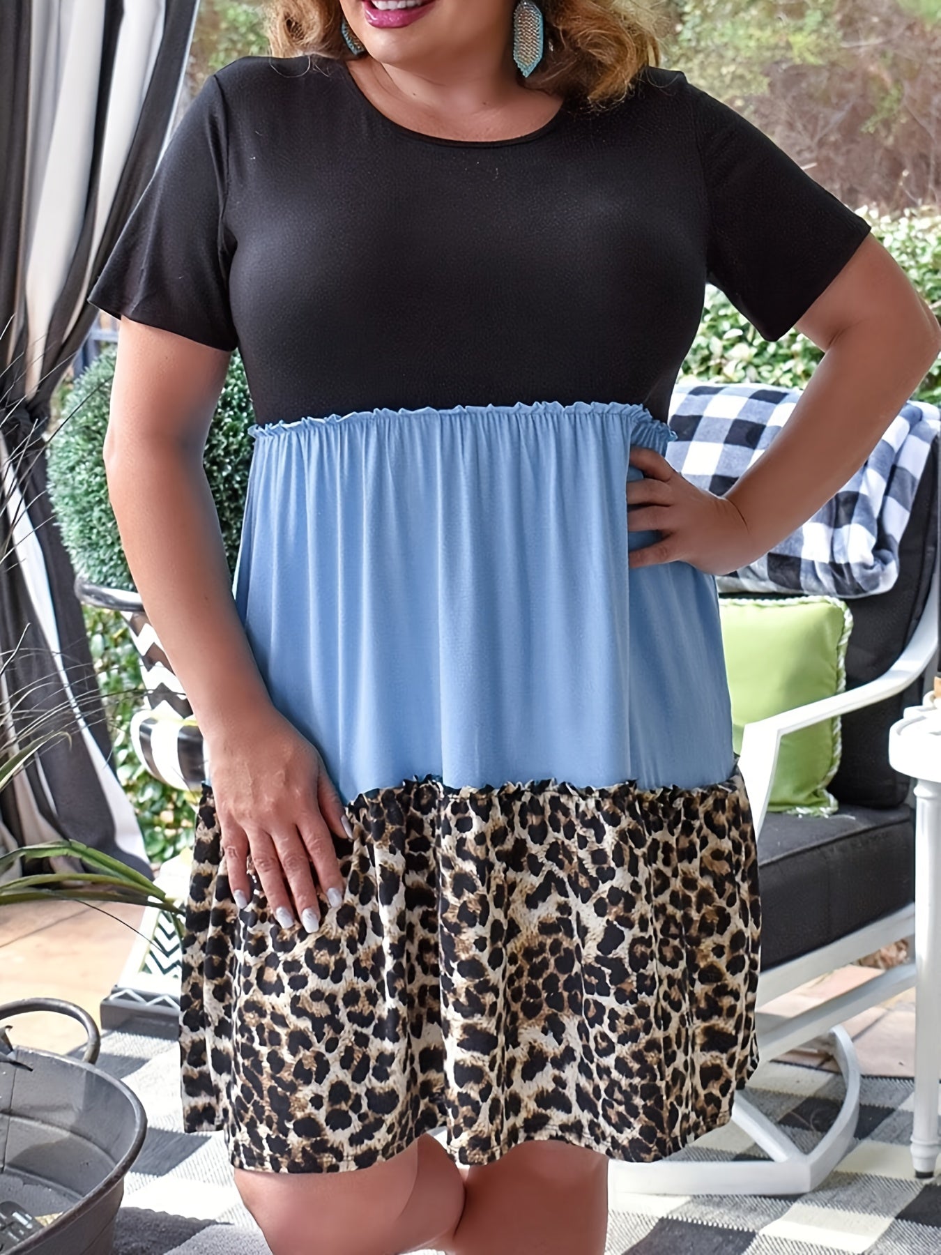  Colorblock Leopard Print Short Sleeve Dress