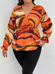  Allover Print Long Sleeve Peplum Blouse