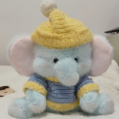 Elephant Plush Toy Realistic Cartoon Elephant with Yellow Knit Hat & Overalls