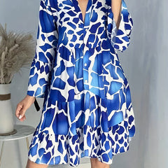  Women's Random Print Button Up Bell Sleeve Mock Neck Mini Dress
