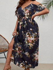 Women's Plus Floral Print Cold Shoulder Maxi Dress