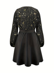  V-Neck Golden Star Print Dress