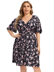  Floral Print V Neck Stretch Dress