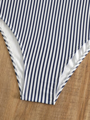  Nautical Stripe Ruffle V Neck One Piece Swimsuit