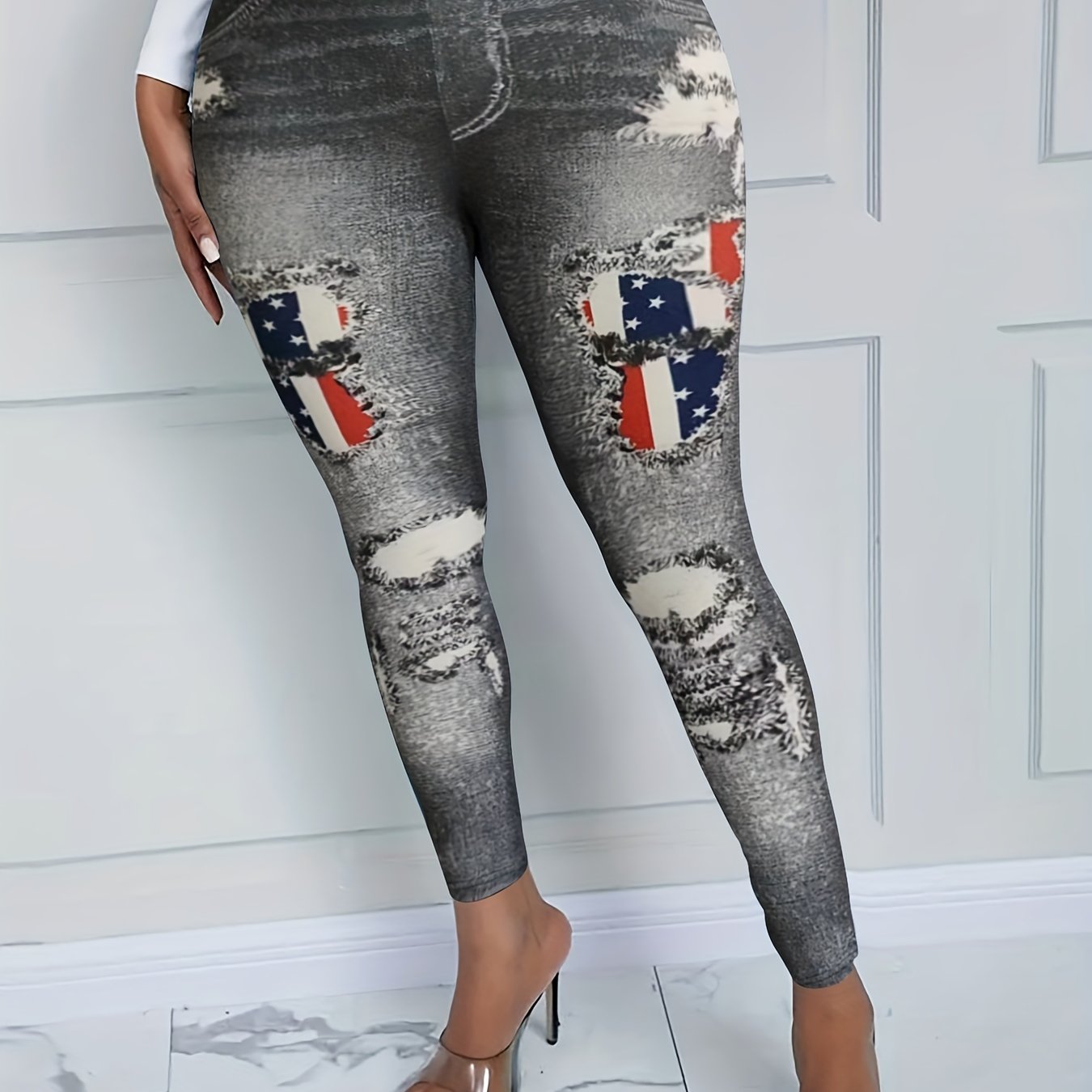  Denim Print High Rise Skinny Leggings