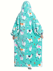  Alpaca Pattern Sherpa Fleece Hooded Nightgown
