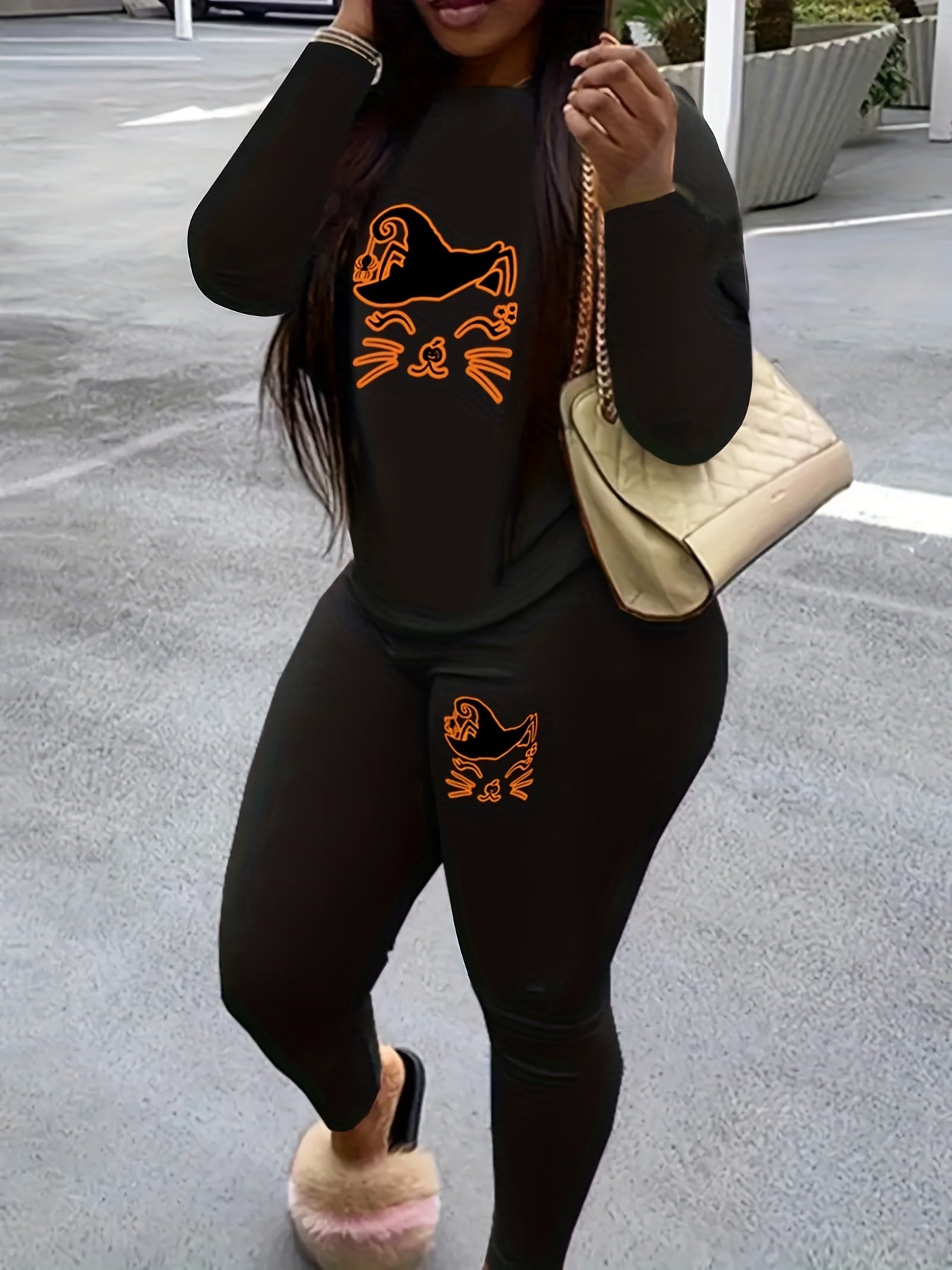  Halloween 2pcs Set Women's Plus Graphic Print Tee & Leggings Set