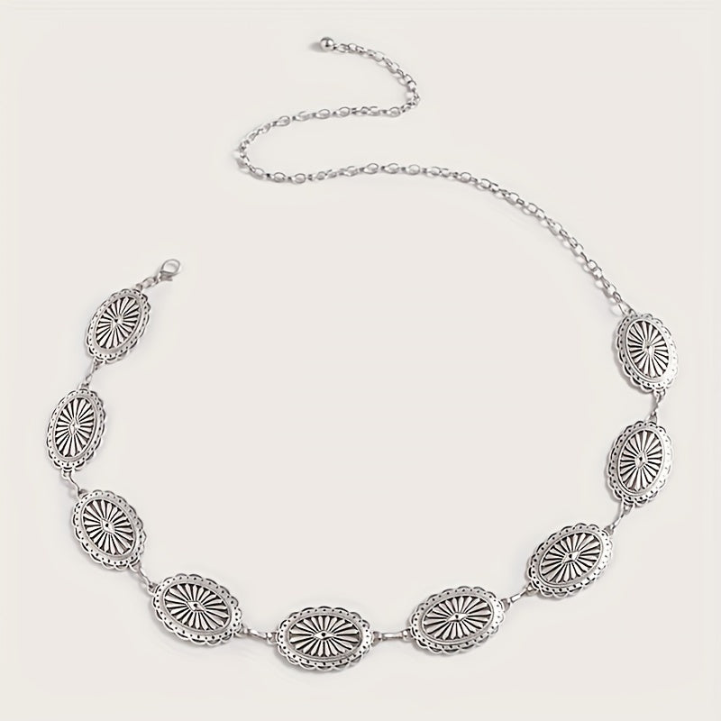 Silvery Hollow Oval Waist Chain Geometric Flower Carved Metal Body Chain