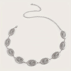 Silvery Hollow Oval Waist Chain Geometric Flower Carved Metal Body Chain