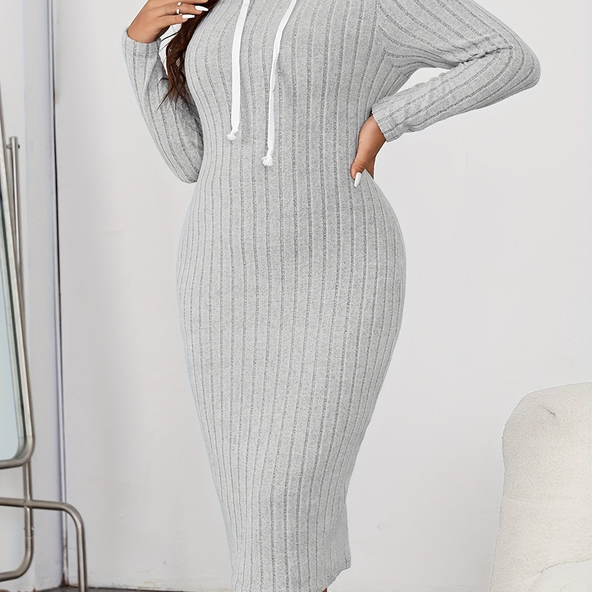  Solid Ribbed Long Sleeve Drawstring Hooded Dress