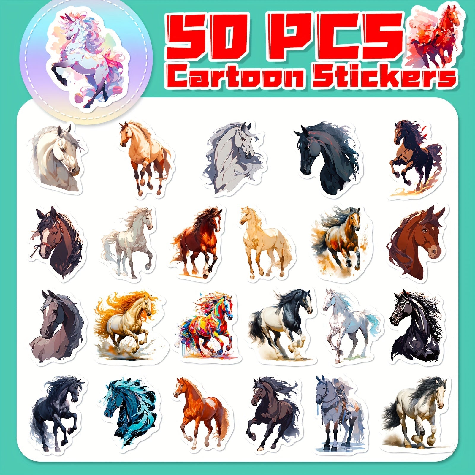 50pcs Cartoon Horse Vinyl Stickers for Laptop Water Bottle