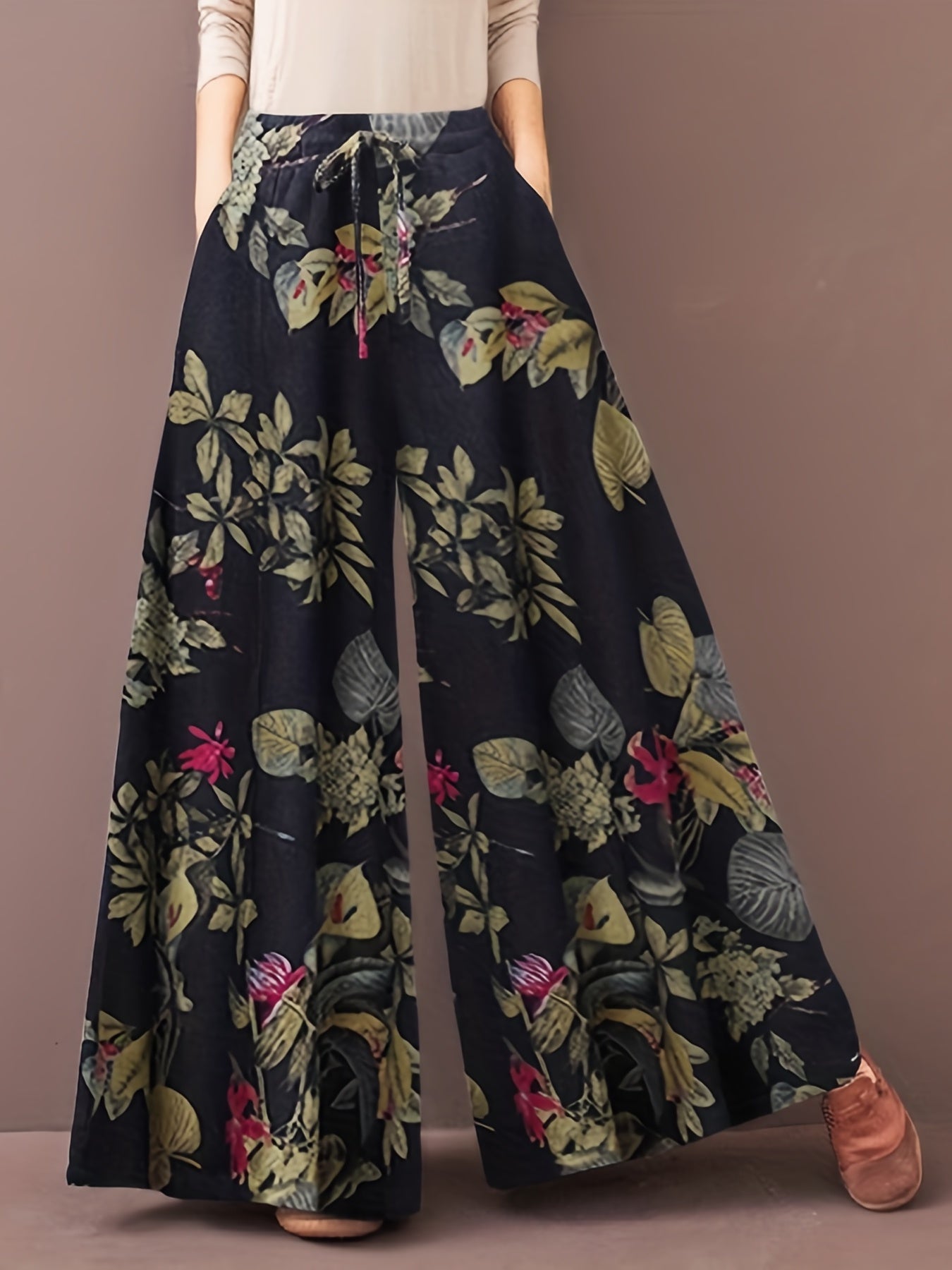  Women's Floral Print Wide Leg Pants