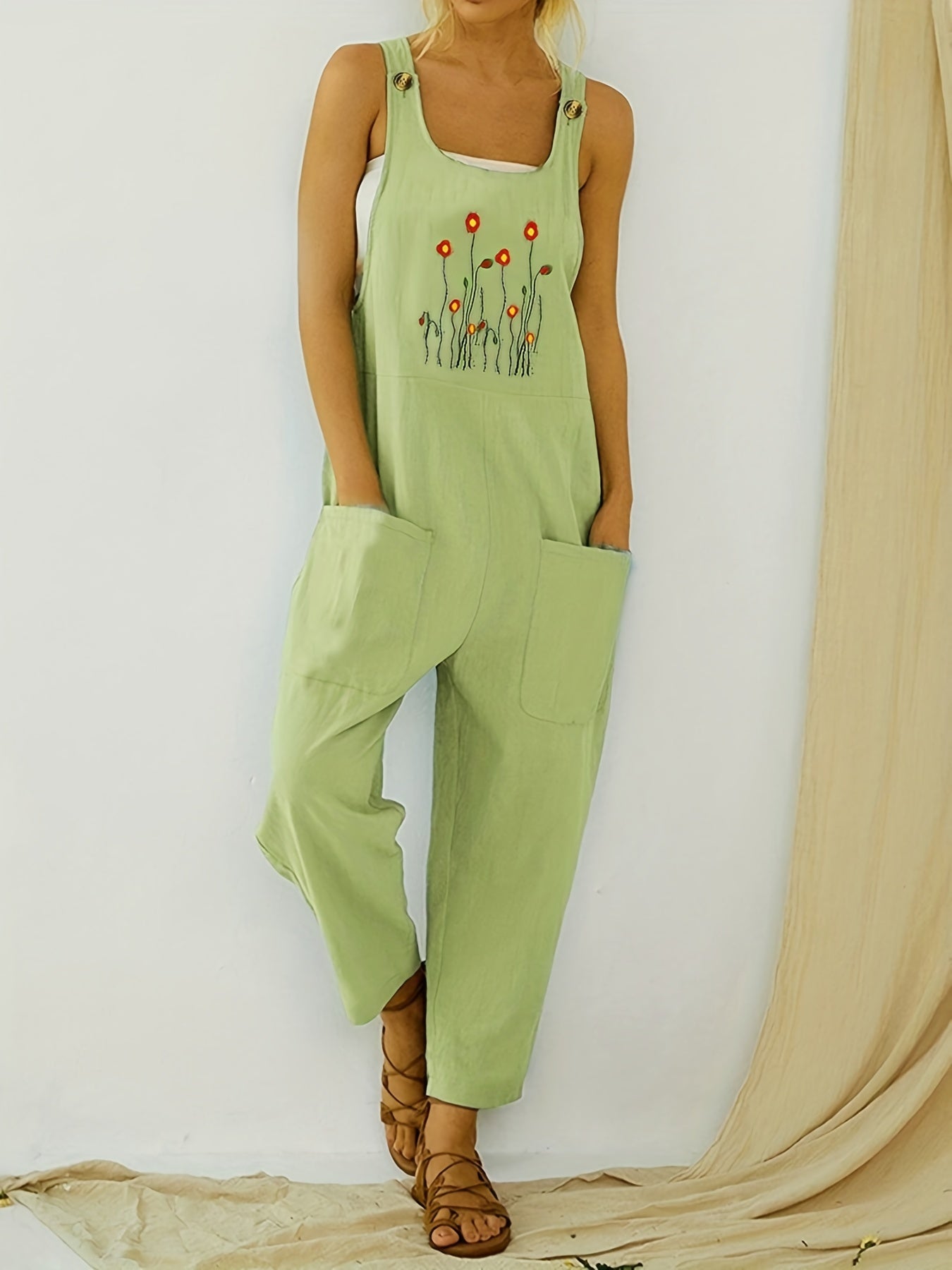 Pocket Solid Tank Jumpsuit Loose Casual Women's Clothing