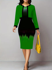  Colorblock Ombre Print Dress & Cardigan 2 Piece Set
