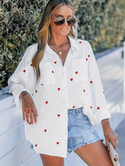  Heart Print Button Up Long Sleeve Blouse