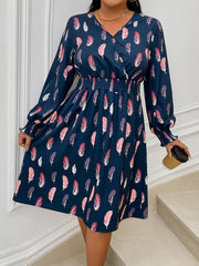  Casual Dress Women's Plus Feather Print V Neck Dress