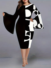 Geometric Print Flared Sleeve Round Neck Bodycon Dress