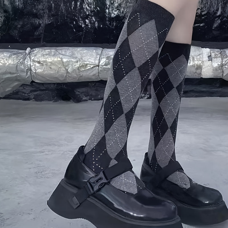 Argyle Calf Socks College Style Knee High Socks Women's Stockings
