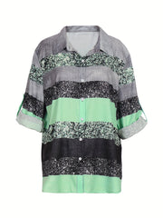  Casual Blouse 3D Bling Stripe Print Roll Up Sleeve Button Up Shirt