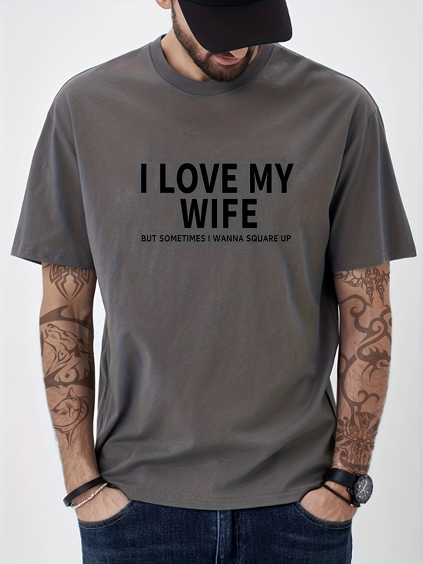 Solid Cotton I Love My Wife Print Men's Graphic Crew Neck Tshirt