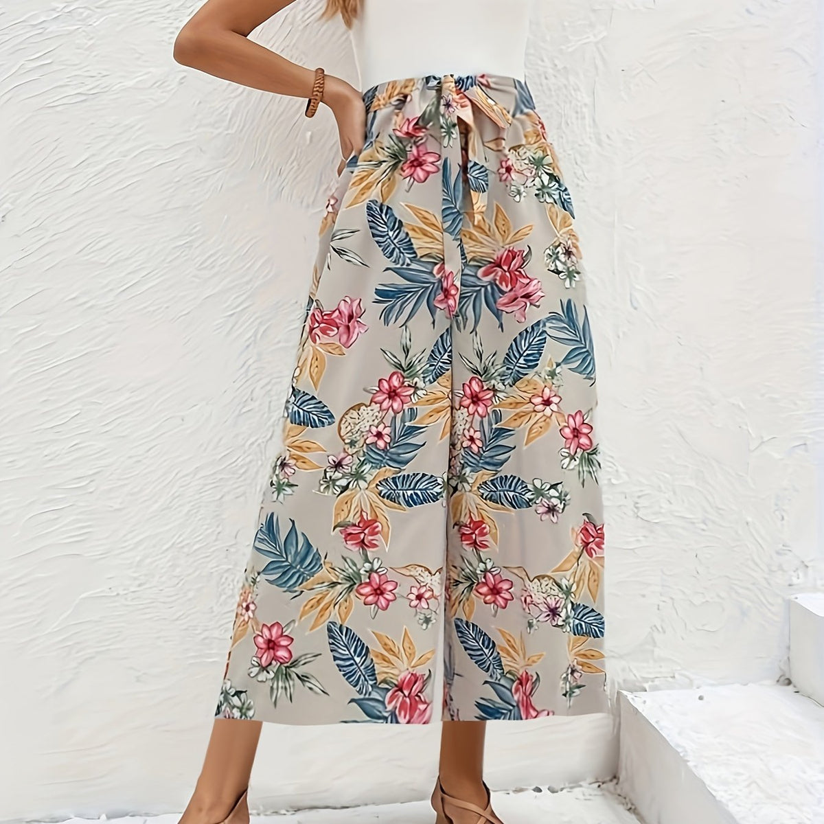  Tropical Print Tie Front Boho Pants