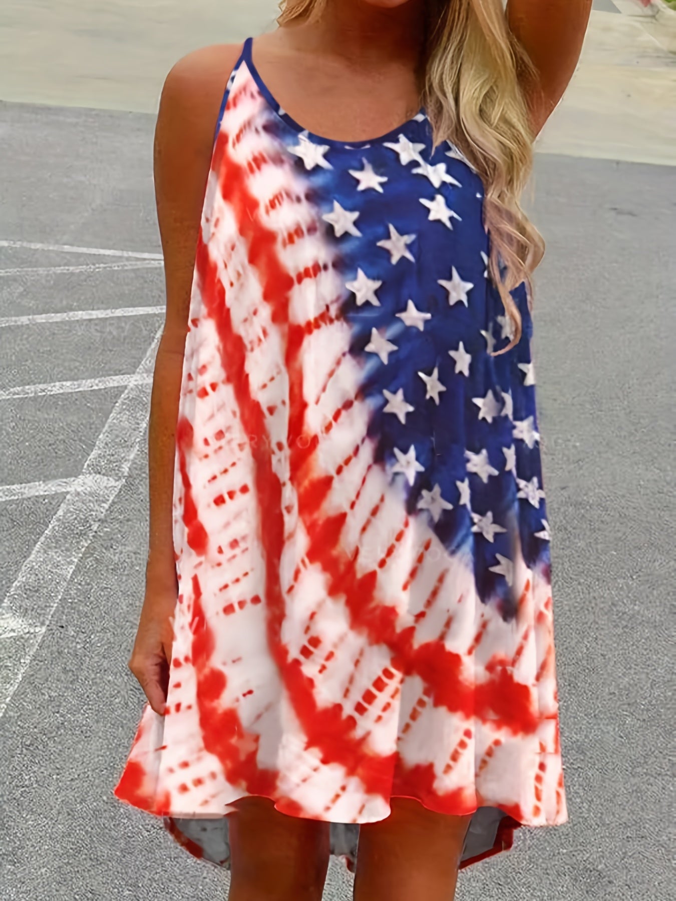  Casual Dress Women's Plus Flag Print Round Neck Loose Fit Cami Dress