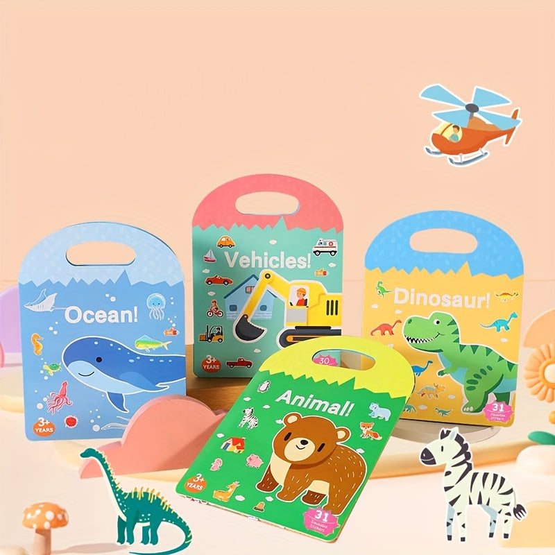 Reusable Waterproof Sticker Book Kids Double Sided Dinosaurs Animals & Vehicles
