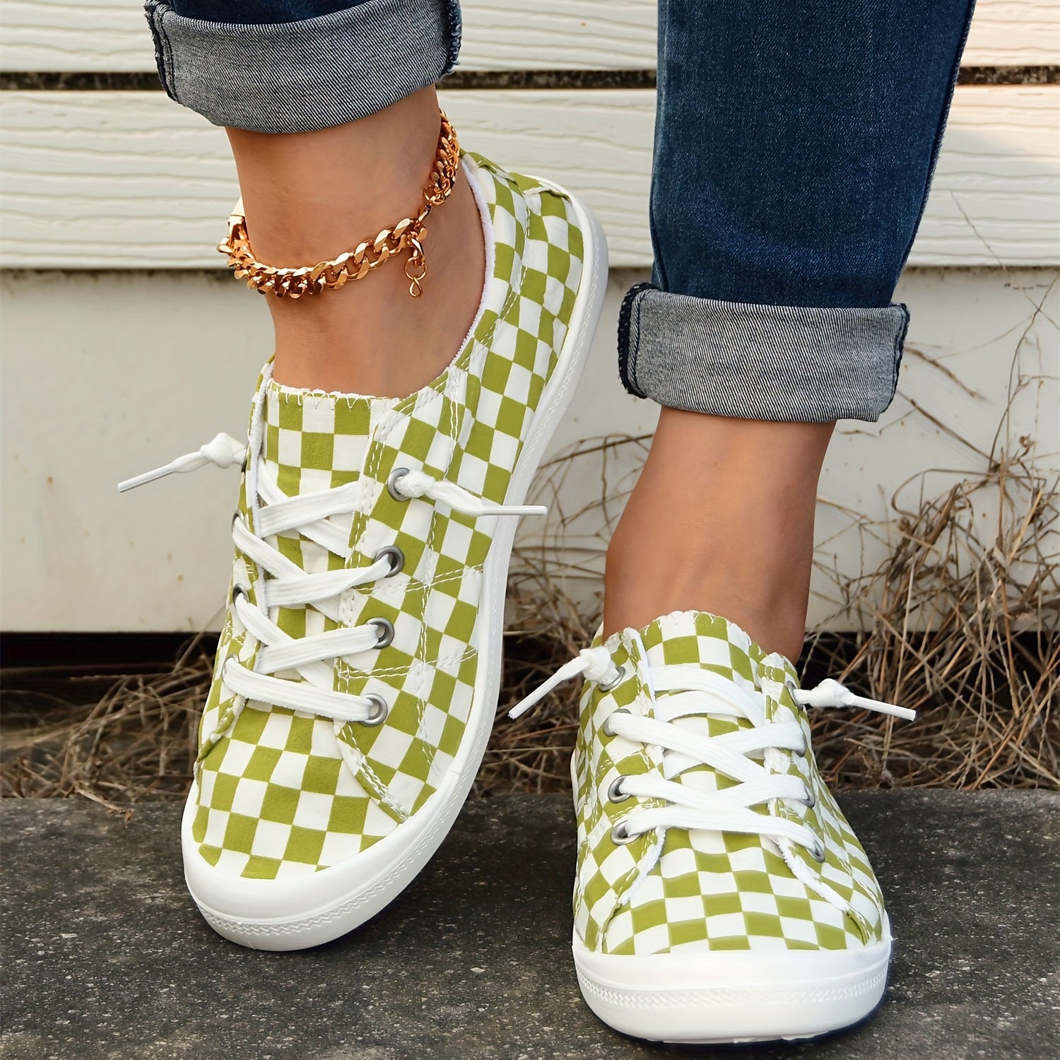Women's Green Grid Lace Up Shoes Comfy & Lightweight Canvas Shoes