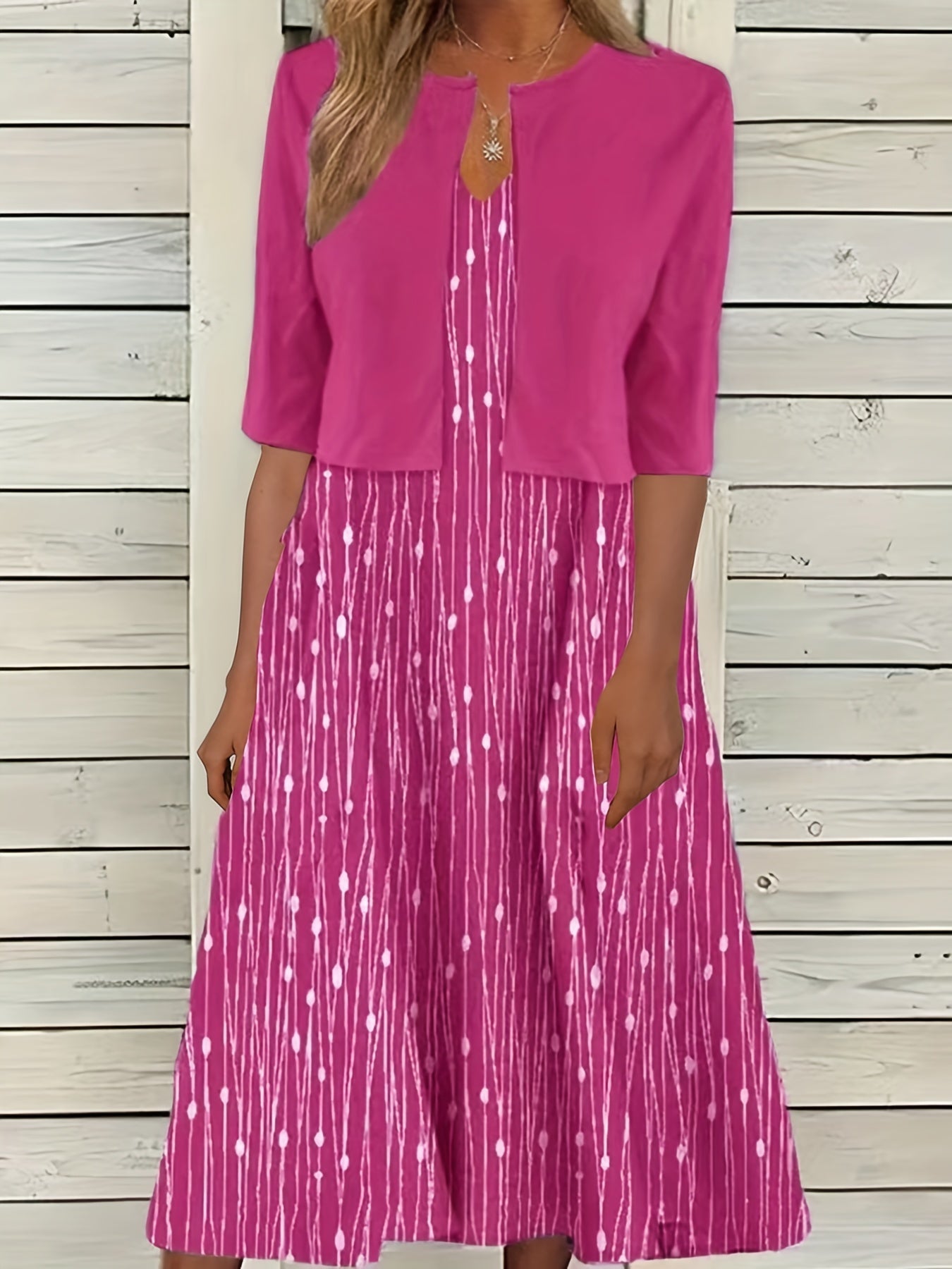 Plus Dot & Stripe Print V Neck Cami Dress & Cardigan Outfit Set